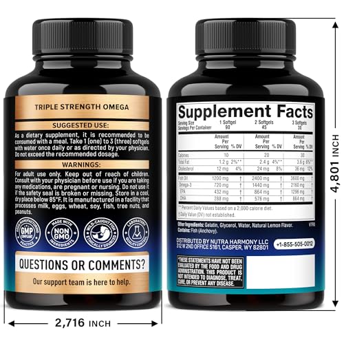Omega 3 Fish Oil 3600 mg - Omega 3 Supplement | EPA & DHA - Heavy Metals Free - Heart, Brain & Joint Support - Purified Fish Oil for Men & Women - Lemon Flavored - Made in USA, 90 Softgels NUTRAHARMONYBuy Supplements Australia