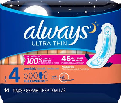 Always Ultra Thin Size 4 Overnight Pads With Wings Unscented, 14 Count (3700030165) AlwaysBuy Supplements Australia