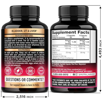D-Mannose 2000mg with Cranberry & Hibiscus - Clinically Tested Strength for Urinary Tract Health - Supplement for Women - Bladder, Liver & Microflora Support - Made in USA - Vegan, 120 Capsules NUTRAHARMONYBuy Supplements Australia