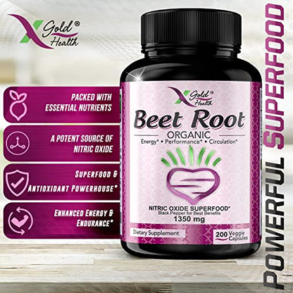 Organic Beet Root Powder 1350mg 200 Veggie caps Superfood Nitric Oxide Strongest X Gold HealthBuy Supplements Australia