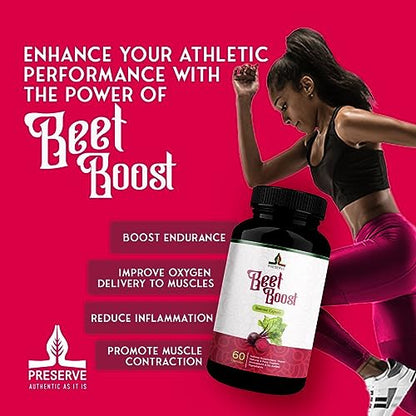 PRESERVE Organic Beetroot casules 16,000mg Per Serving, Natural Monthly Supplement 60 Capsules USDA Certified Non GMO Nitric Oxide Sugar Free Natural Pre-Workout Beet Boost