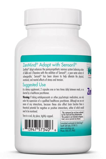 NutriCology ZenMind Adapt - 200 mg L-Theanine, 125 mg Ashwagandha & 550 mg GABA - Supports Stress Response and Calmness - Vegetarian Capsules - Hypoallergenic Formula - 30 Servings - 60 Capsules Allergy Research GroupBuy Supplements Australia