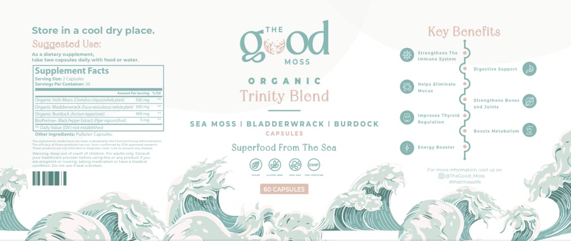 Trinity Blend Superfood -Sea Moss, Bladderwrack and Burdock Root Supplement for Overall Health Support, Hair, Skin and Nails 60ct The Good MossBuy Supplements Australia