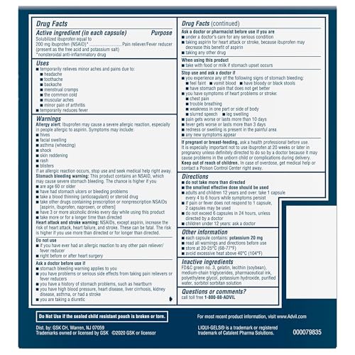Advil Liqui-Gels Pain Reliever and Fever Reducer, Pain Medicine for Adults with Ibuprofen 200mg for Headache, Backache, Menstrual Pain and Joint Pain Relief - 50x2 Liquid Filled Capsules AdvilBuy Supplements Australia