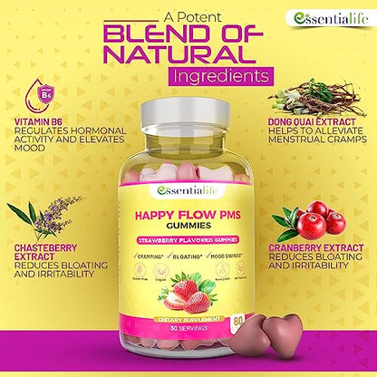 Happy Flow Strawberry-Flavor Chewable PMS Gummies | Hormone Balance Chasteberry EssentialifeBuy Supplements Australia
