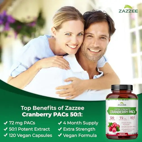 Zazzee Cranberry PACs, 72 mg PACs per Capsule, 2X Strength, 100% Soluble, 120 Vegan Capsules, 50:1 Extract, 18,200 mg Strength, Fast-Acting, Effective Urinary Tract Support, Made in The USA ZazzeeBuy Supplements Australia
