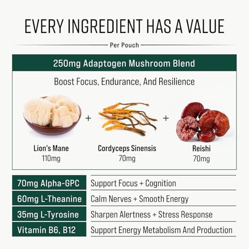 Adaptogen Mushroom Nootropic Pouches (4 Pack Bundle) - 250mg Mushroom Blend + 165mg Energy Blend, Nicotine Free & Caffeine Free, Ultra Pouch with Lion's Mane, Cordyceps, Reishi, Alpha-GPC, L-Theanine GGGJBuy Supplements Australia