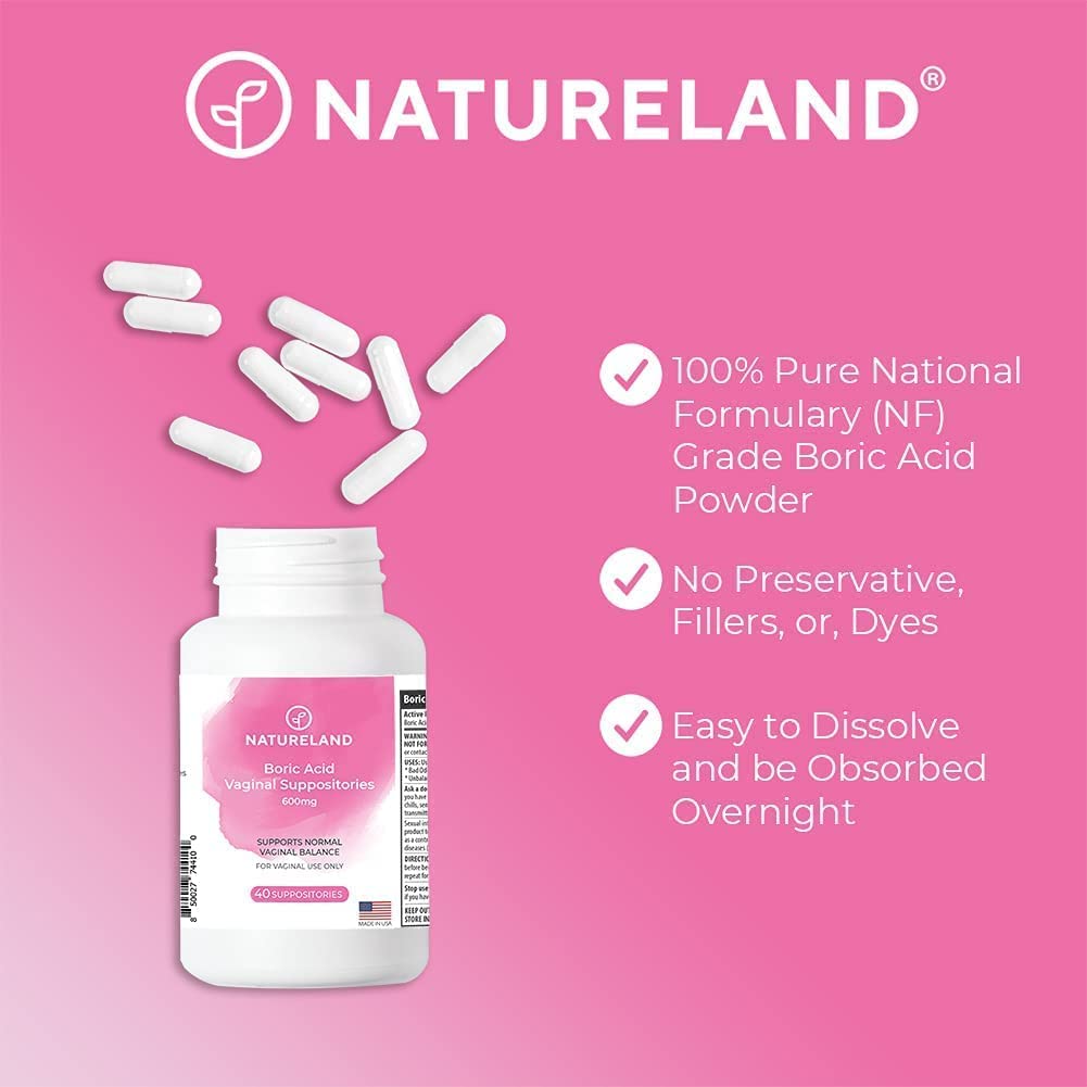 Natureland [40 Count Boric Acid Suppositories 600mg w/ [10 Pack] Vaginal Applicator - Feminine Care NaturelandBuy Supplements Australia