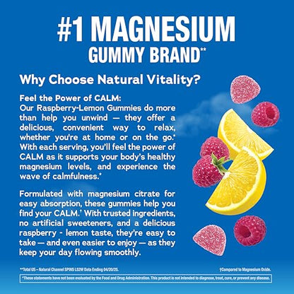 Natural Vitality Calm Magnesium Gummies | 330mg Per Serving | Raspberry Lemon Flavored Supplement | Gluten-Free & Vegan | 240 Count