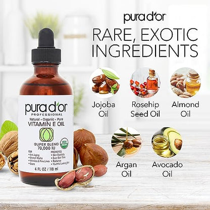 PURA D'OR 4 Oz ORGANIC Vitamin E Oil Blend 70,000 IU - 100% Natural Hexane Free, Sweet Almond PURA D'ORBuy Supplements Australia