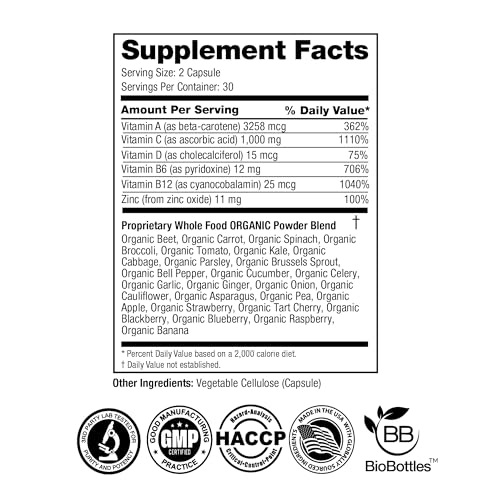 FeelGood Superfoods 1000mg Immune Support Capsules Made with 25 Organic Fruits and Vegetables, Strong Immunity Boosters with Vitamins A, C, D3, and Zinc, 60 Count FeelGood SuperfoodsBuy Supplements Australia