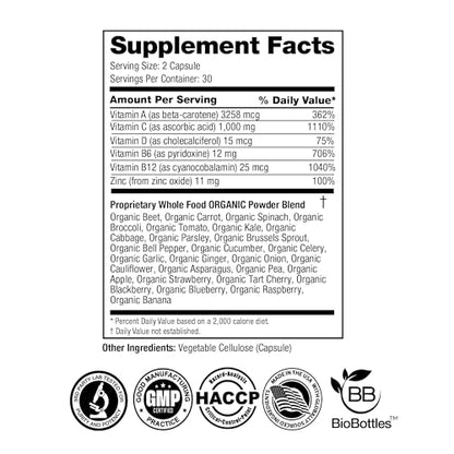 FeelGood Superfoods 1000mg Immune Support Capsules Made with 25 Organic Fruits and Vegetables, Strong Immunity Boosters with Vitamins A, C, D3, and Zinc, 60 Count FeelGood SuperfoodsBuy Supplements Australia