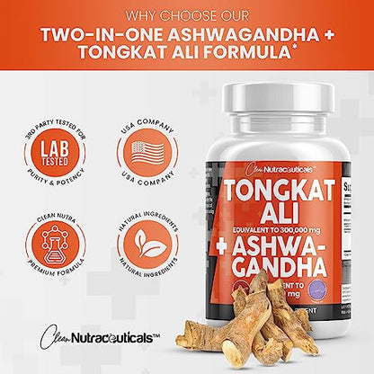 Clean Nutraceuticals Tongkat Ali 300,000mg and Ashwagandha 100,000mg