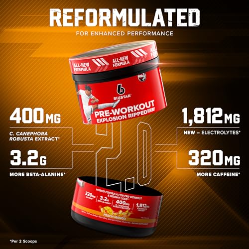 Six Star Pre-Workout Explosion Ripped 2.0 Peach Mango - Endurance Powder with Caffeine Six StarBuy Supplements Australia