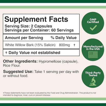 White Willow Bark Capsules 800mg per Serving, 120 Count (Willow Bark Extract Std. Double Wood SupplementsBuy Supplements Australia