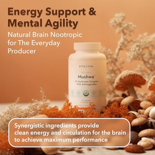 USDA Organic Lions Mane Supplement Capsules with Ashwagandha, Chaga, Reishi, Cordyceps Etta VitaBuy Supplements Australia