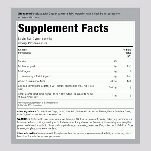 Beet Root Gummies | 60 Count | with Nitrates and Black Pepper Extract | Nitric Oxide Piping RockBuy Supplements Australia