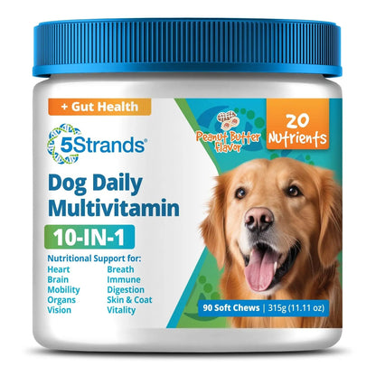 5Strands Dog Multivitamin Chews, 10-in-1, Vitamins & Postbiotics, All Ages & Breeds - Digestion, Brain, Organs, Heart, Mobility, Vision, Skin & Coat, Immunity - Dog Supplement (Peanut Butter, 90ct) - Maple Wellness Supplements