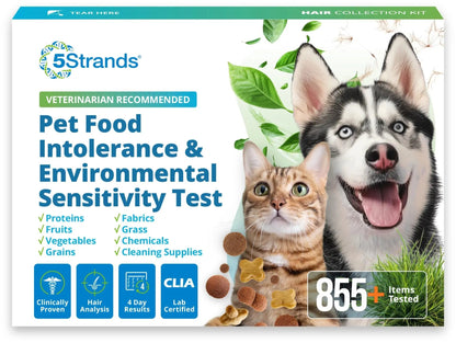 5Strands Pet Food Intolerance & Environmental Sensitivity Test, at Home Gut Health Test for Dogs & Cats, 857 Items Tested, Pet Health Check, Results in 4 Days, for All Ages and Breeds - Maple Wellness Supplements