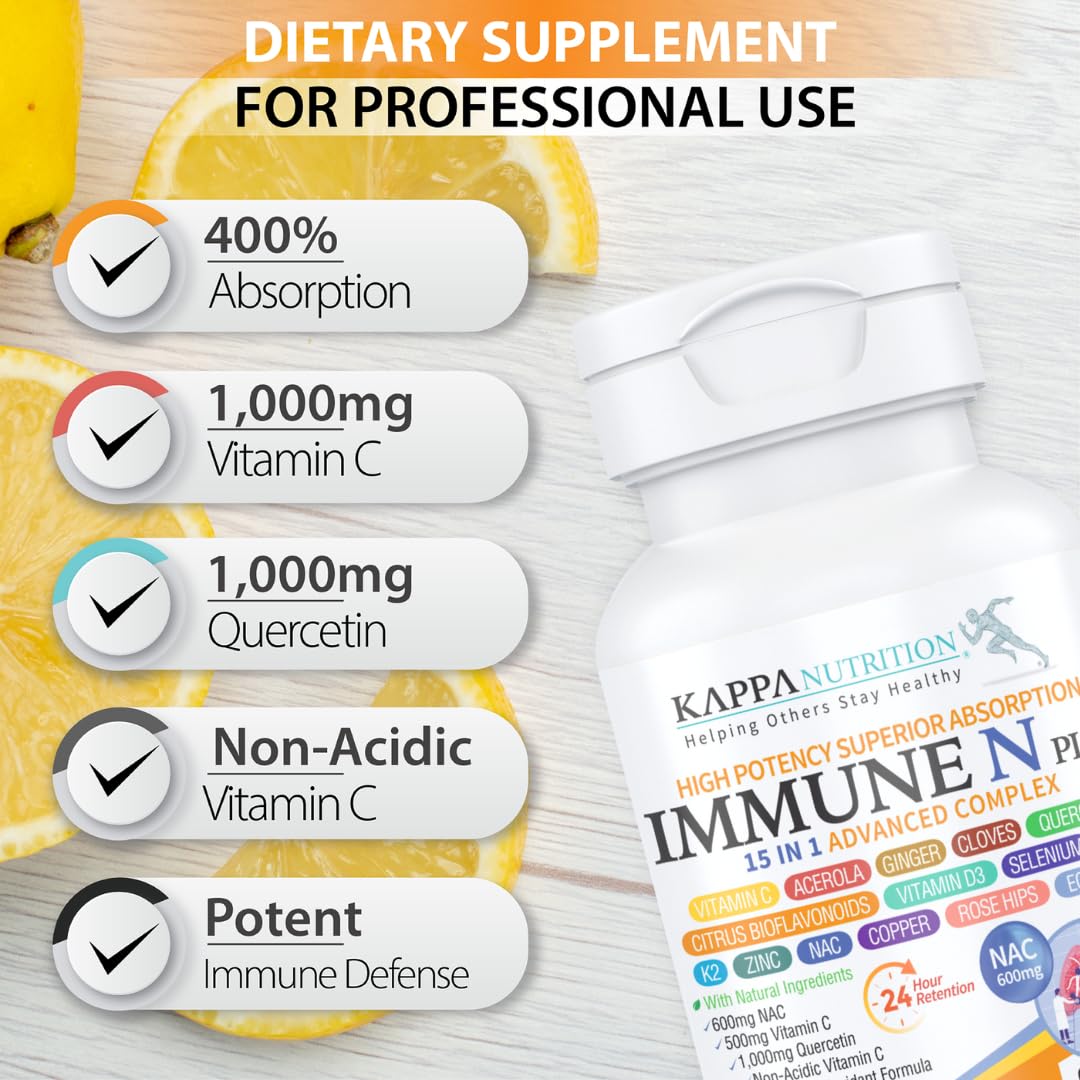 (60 Capsules), NAC 600mg, Quercetin 1,000mg, Vitamin C 500mg, Zinc 50mg, Vitamin D3 5,000iu, Selenium, Copper, Acerola, Ginger, Rutin, Citrus Bioflavonoids, Rose Hips, Echinacea, Immune N Plus 15 in 1 - Maple Wellness Supplements