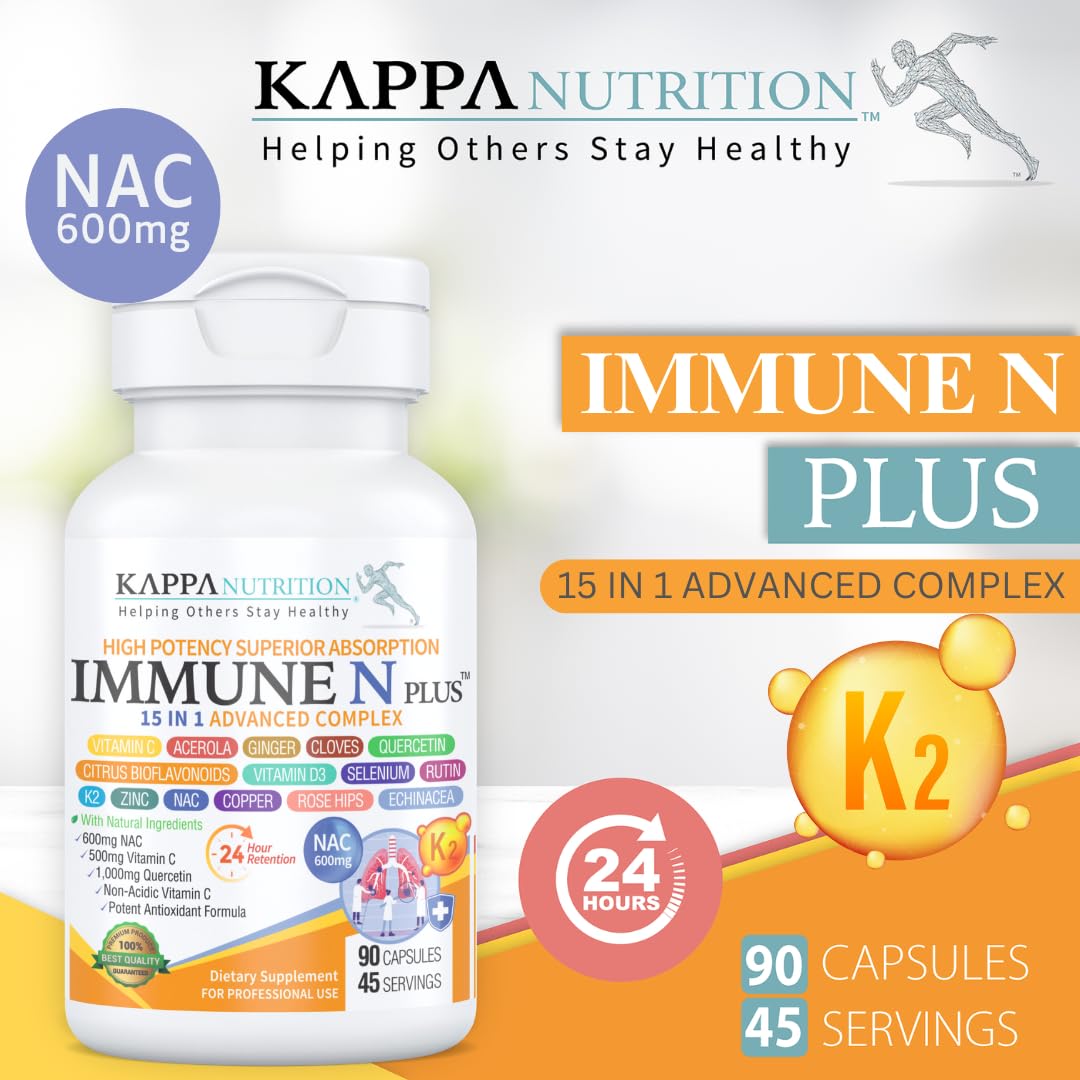 (60 Capsules), NAC 600mg, Quercetin 1,000mg, Vitamin C 500mg, Zinc 50mg, Vitamin D3 5,000iu, Selenium, Copper, Acerola, Ginger, Rutin, Citrus Bioflavonoids, Rose Hips, Echinacea, Immune N Plus 15 in 1 - Maple Wellness Supplements