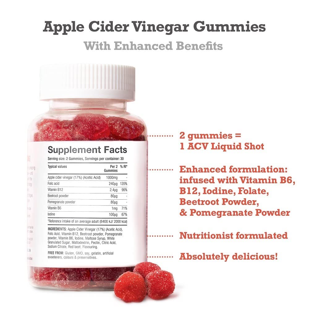 Apple Cider Vinegar Gummies with The Mother 1000mg Enhanced with Vitamin B12 & Folic Free SoulBuy Supplements Australia