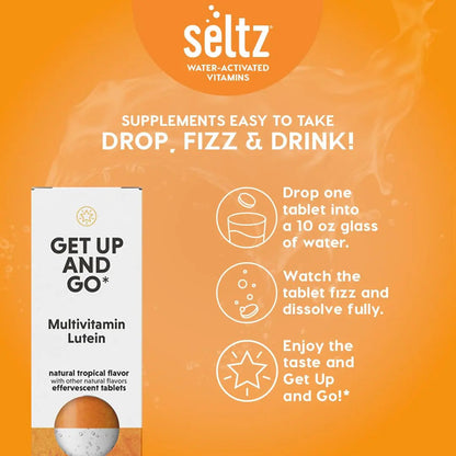 Seltz® Get Up and Go – Effervescent Multivitamin with Lutein for Daily Energy, Eye Health & Antioxidant Support Seltz