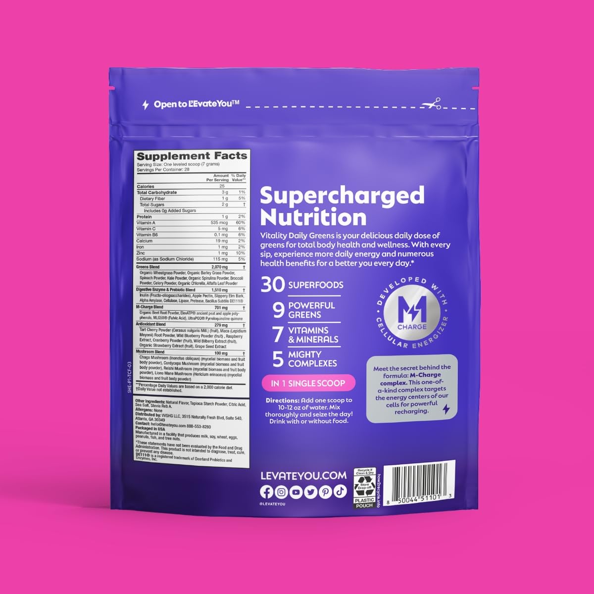 L'Evate You Vitality Daily Greens Powder (28 Servings) 30 Superfoods, 9 Greens - for a Cellular Energy Boost, Powered by M-Charge Complex for All Day Energy (Tart Cherry) Steve Harvey's L'Evate YouBuy Supplements Australia