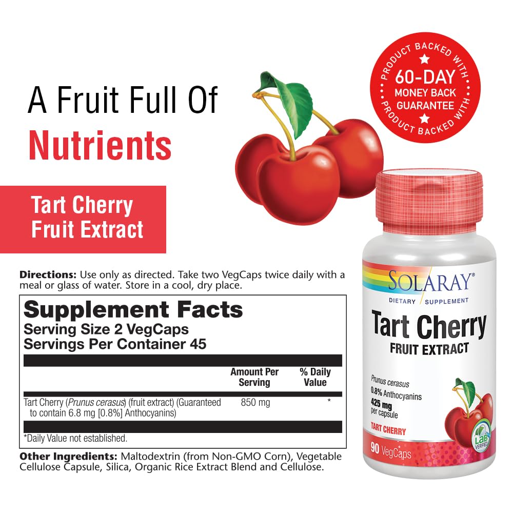 Solaray Tart Cherry Fruit Extract 850 mg - Tart Cherry Supplement with Antioxidants, Fruit Juice Extract with Flavonoids - 90 VegCaps SOLARAYBuy Supplements Australia