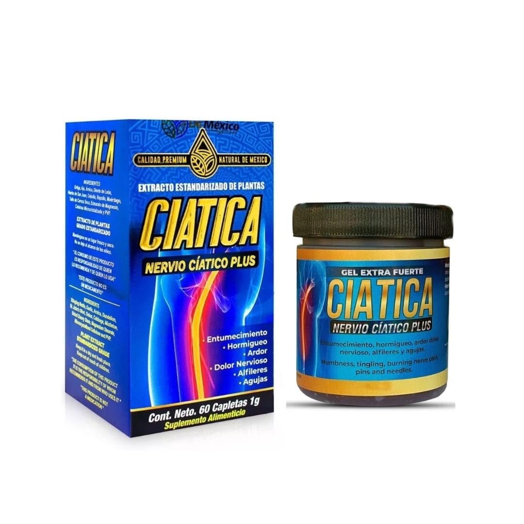 Set con Suplemento Ciatico Tratamiento Nervio Plus 60 Capsulas + Gel Extra Fuerte Ciatica 250 grs. Natural de Mexico/Entumecimiento, Hormigueo, Ardor, Dolor Nervioso, Alfileres o Agujas. (2) GenericBuy Supplements Australia