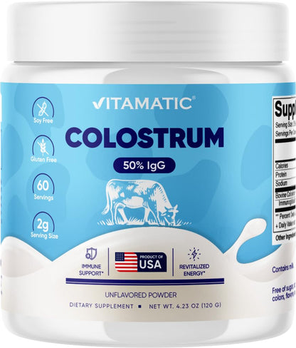 Vitamatic Bovine Colostrum Powder - 50% Highest IgG -120 Gram - Supplement for Gut Health, Hair Growth, Beauty, Muscle Recovery, & Immune Support - Easy to Mix - Unflavored - 60 Servings VitamaticBuy Supplements Australia