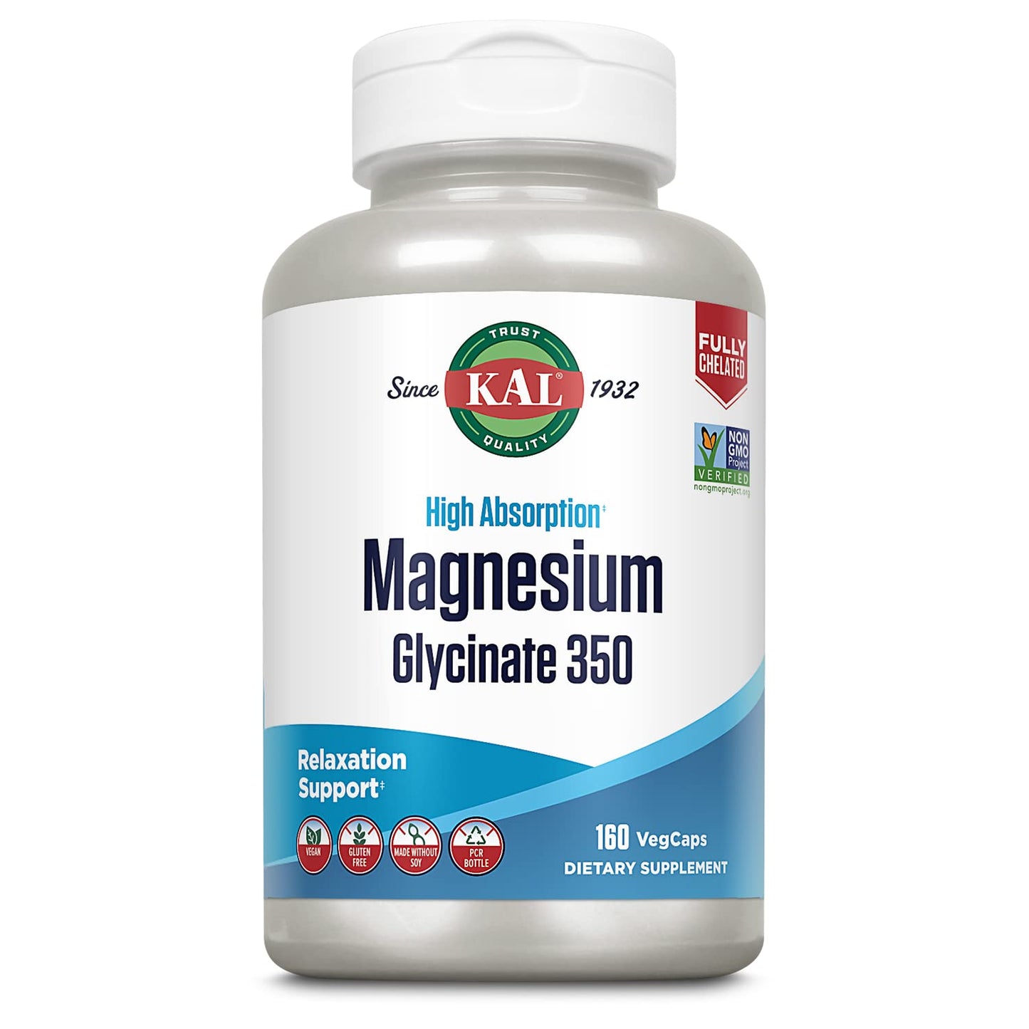 KAL Magnesium Glycinate Capsules, Fully Chelated Magnesium Bisglycinate, High Absorption Magnesium Supplement, Healthy Bones, Muscle,