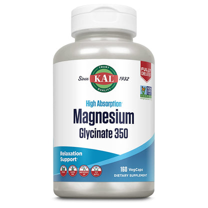 KAL Magnesium Glycinate Capsules, Fully Chelated Magnesium Bisglycinate, High Absorption Magnesium Supplement, Healthy Bones, Muscle,