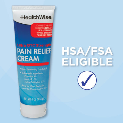 HealthWise Pain Relief Cream | Ultra OTC Strength | 4% Camphor + 10% Menthol + 30% Methly Saliclylate | Non-Greasy Formula | 4.0 Oz | Topical Analgesic HealthWiseBuy Supplements Australia