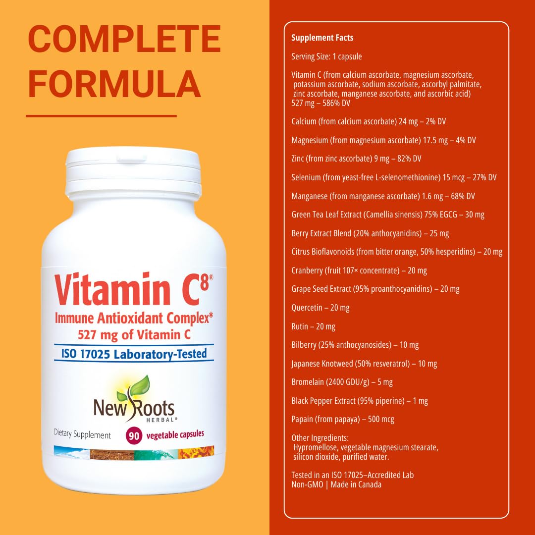 Vitamin C8 + Zinc Supplement for Higest Absorption (90 Capsules) | 527mg per Portion | 8 Buffered Sources of Vitamin C with Bioflavonoids, Green Tea & Quercetin for Stronger Defense | 3 months Supply NEW ROOTS HERBALBuy Supplements Australia