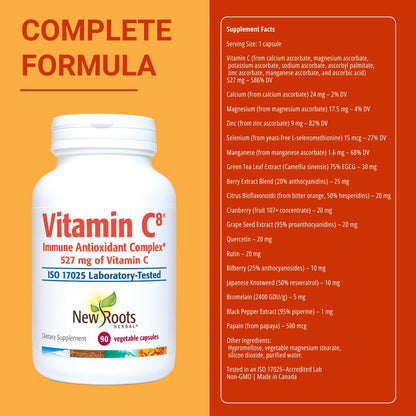 Vitamin C8 + Zinc Supplement for Higest Absorption (90 Capsules) | 527mg per Portion | 8 Buffered Sources of Vitamin C with Bioflavonoids, Green Tea & Quercetin for Stronger Defense | 3 months Supply NEW ROOTS HERBALBuy Supplements Australia