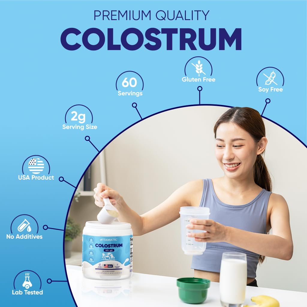 Vitamatic Bovine Colostrum Powder - 50% Highest IgG -120 Gram - Supplement for Gut Health, Hair Growth, Beauty, Muscle Recovery, & Immune Support - Easy to Mix - Unflavored - 60 Servings VitamaticBuy Supplements Australia
