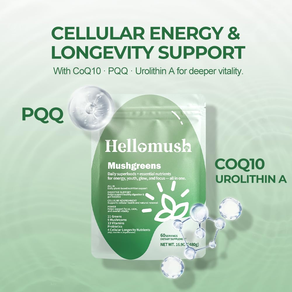 Hellomush Super Greens Powder Superfood, Daily Green Powder Supplement with Probiotics Drink Mix for Men & Women, Blend of Greens, Mushrooms, Vitamins, Probiotics and Cellular Nutrients HellomushBuy Supplements Australia