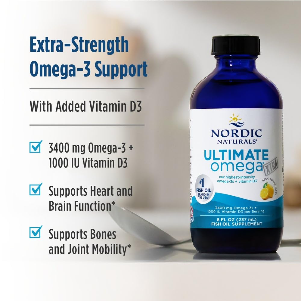 Nordic Naturals Ultimate Omega Xtra Liquid, Lemon Flavor - 8 oz - 3400 mg Omega-3 + 1000 IU Vitamin D3 - EPA & DHA - Brain, Heart, Joint, & Immune Health - Non-GMO - 48 Servings Nordic NaturalsBuy Supplements Australia