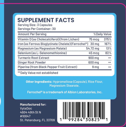 VytaDoc SootheFlex Joint, Energy & Mood Support for Women | Turmeric 900mg, Ferrochel® Iron, Magnesium Malate, Vitamin D3, Ginger, Selenium | 90 Capsules | Gentle Iron — Easy on Digestion VytaDocBuy Supplements Australia