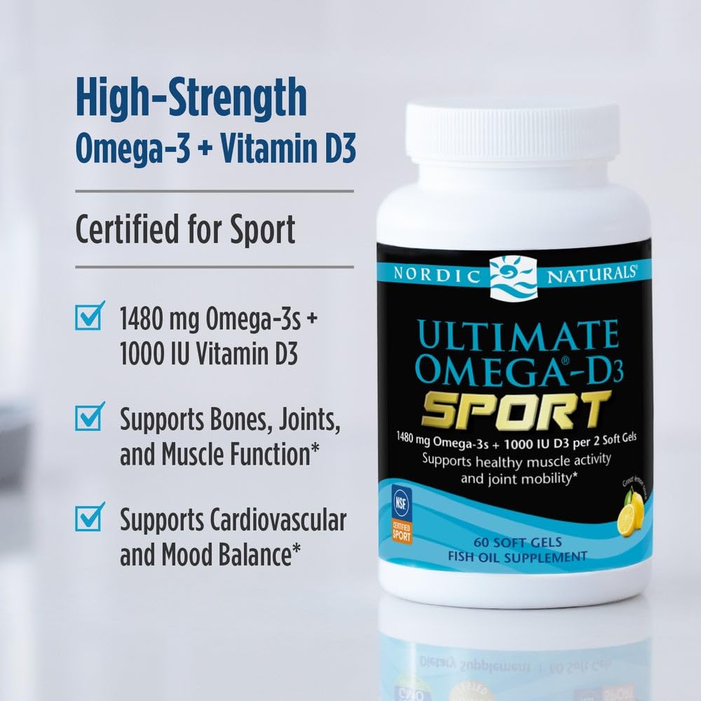 Nordic Naturals Ultimate Omega-D3 Sport, Lemon - 60 Soft Gels - 1480 mg Omega-3 + 1000 IU Vitamin D3 - NSF Certified - Supports Muscle, Bones, Focus & Endurance - 30 Servings Nordic NaturalsBuy Supplements Australia