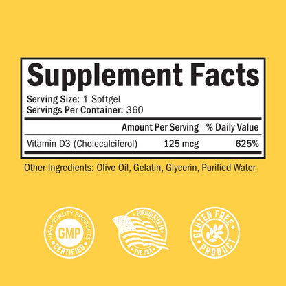 Vitamin D3 5000 IU (125 mcg) Natural Immune Support Supplement, Bone Strength BioSchwartzBuy Supplements Australia