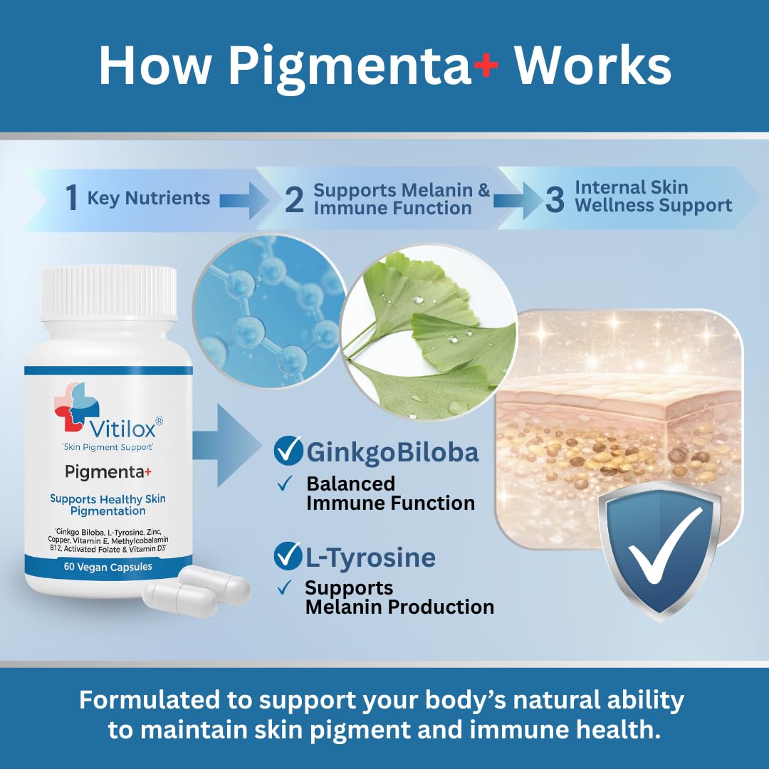 Vitilox Pigmenta+ Advanced, Skin Tone Support Supplement – 60 Tablets | 2 Months | Natural Vitiligo Skin Pigmentation Support | Reduce White Body Spots VitiloxBuy Supplements Australia