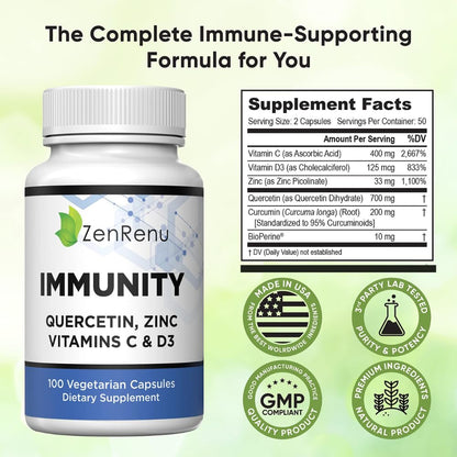 Zenrenu Immunity Quercetin 700 mg Zinc Vitamin C Vitamin D Immune Support Supplement with Curcumin - Easy to Absorb Immunity Supplement, 100 Vegetarian Capsules 50 Day Supply ZenrenuBuy Supplements Australia