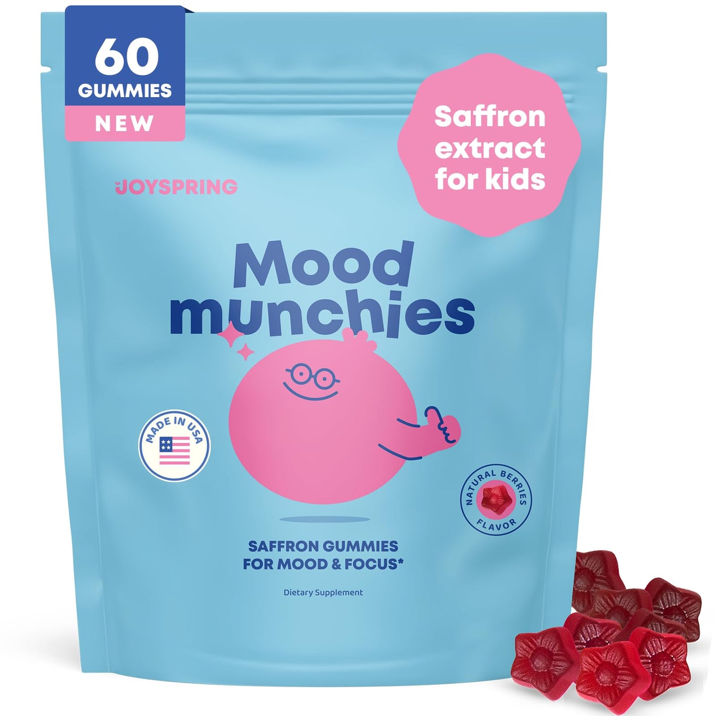 JoySpring Mood Munchies Saffron Gummies for Kids 4+ | Saffron Extract Supplement with GABA, Passion Flower & St Johns Wort | Sugar Free Vegan Brain Support