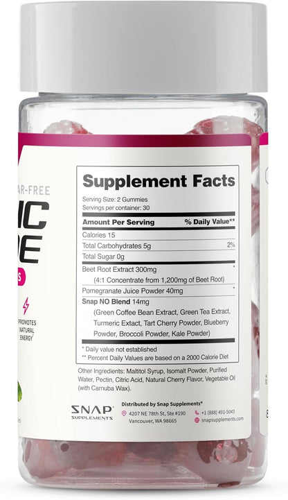 Snap Supplements Nitric Oxide Gummies - Beet Root Extract 300mg, Sugar Free Beetroot Supplement with Pomegranate Powder for Circulation & Natural Energy, 60 Vegan Gummies, Cherry Flavor Snap SupplementsBuy Supplements Australia