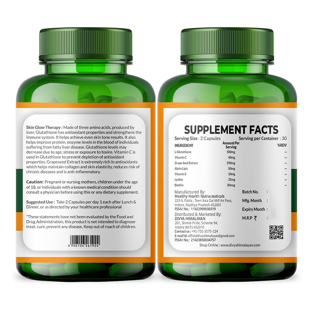 Divyhimalayan L-Glutathione 1000mg - 98% Pure Reduced Form with Vitamin C & ALA for Radiant Skin, Antioxidant & Immune Support - 60 Capsules Divya HimalayanBuy Supplements Australia