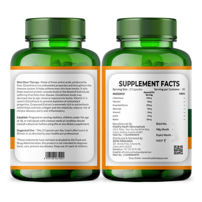 Divyhimalayan L-Glutathione 1000mg - 98% Pure Reduced Form with Vitamin C & ALA for Radiant Skin, Antioxidant & Immune Support - 60 Capsules Divya HimalayanBuy Supplements Australia