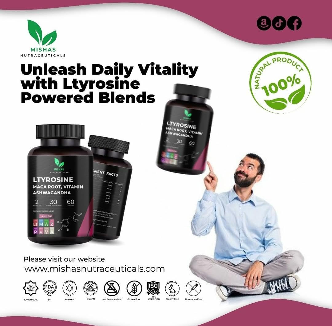 Mishas Nutraceuticals L-Tyrosine with Maca Root, Ashwagandha & Vitamins Complex – Energy, Mental Focus, Stress Relief & Immunity Support – 60 Capsules (30 Servings) MishasBuy Supplements Australia