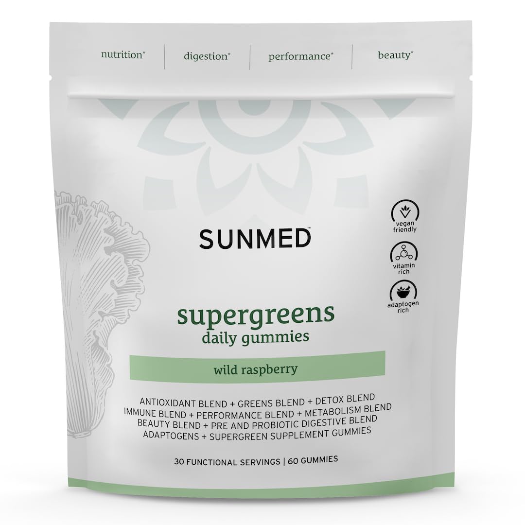 SUNMED Supergreens Daily Gummies – Wellness Blend with Ashwagandha, Green Tea, Spirulina, Probiotics, Antioxidants & Detox Support for Immunity, Gut, Skin & Brain Health | Wild Raspberry, 60ct SUNMEDBuy Supplements Australia